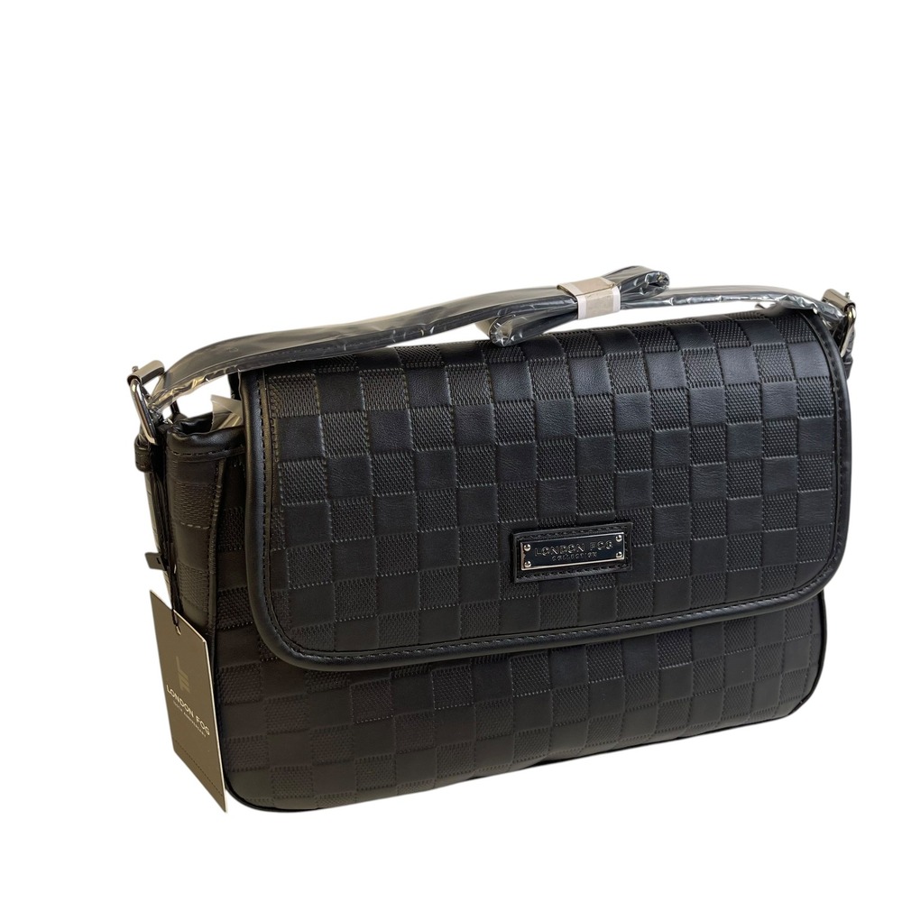 London Fog Houston Flap Over Shoulder Bag Black Checkered LFH24752-BLAK NWT